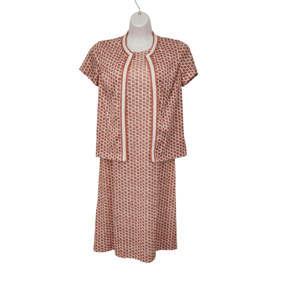 Vintage 70s 2pc Dress Set Rust White Geometric Knit Cardigan Midi USA Made 10
